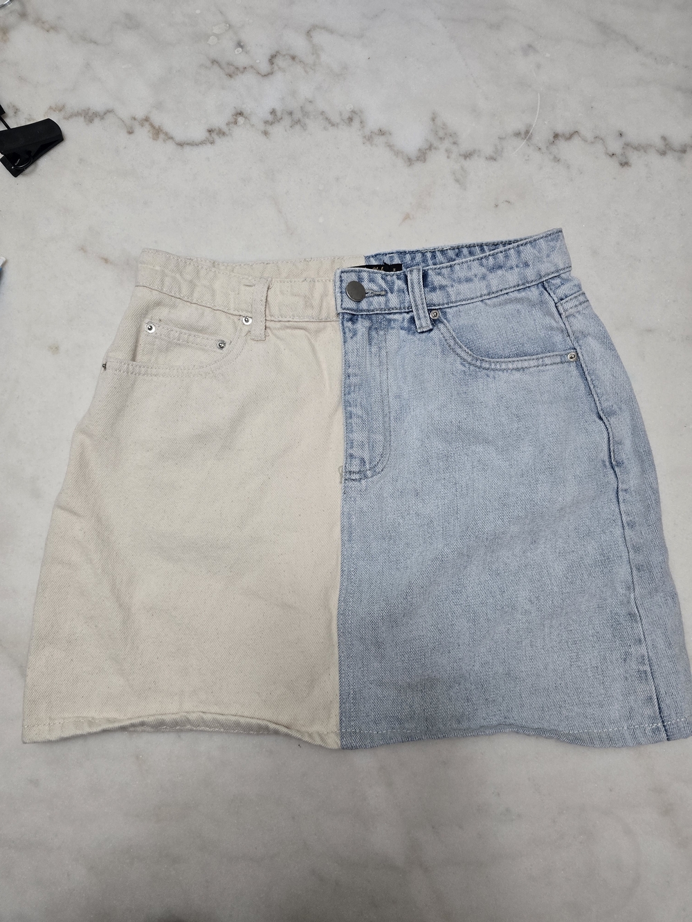Two-Tone Cream and Light Blue Denim Mini Skirt